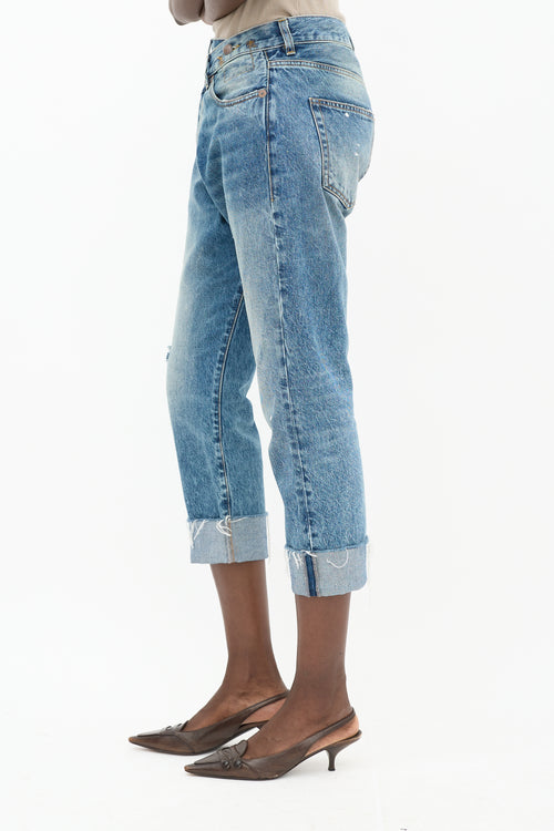 R13 Light Wash Distressed Cross Over Jeans