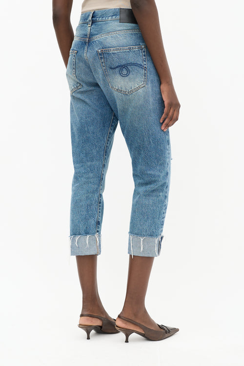 R13 Light Wash Distressed Cross Over Jeans