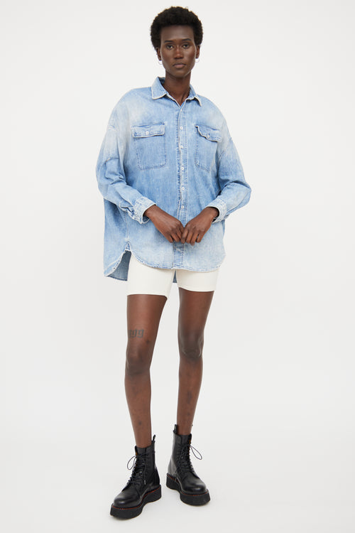 R14 Blue Faded Denim Button Up Top