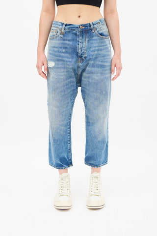 R13 Medium Wash Bain Distressed Tailored Drop Jeans