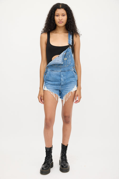 R13 Medium Wash Brindley Denim Distressed Overall Short