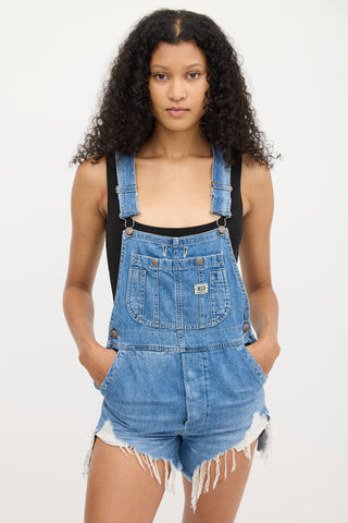 R13 Medium Wash Brindley Denim Distressed Overall Short