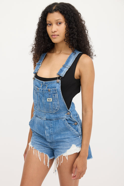 R13 Medium Wash Brindley Denim Distressed Overall Short