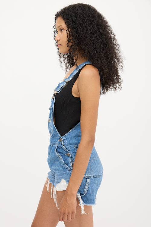 R13 Medium Wash Brindley Denim Distressed Overall Short