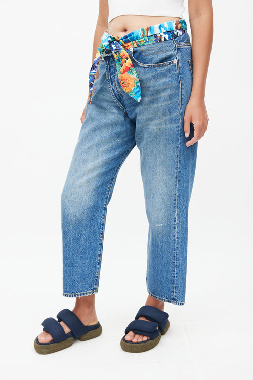 R13 Mid Wash Tropical Tie Waist Crossover Jeans