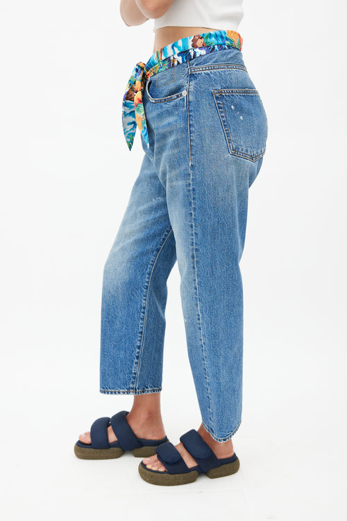 R13 Mid Wash Tropical Tie Waist Crossover Jeans