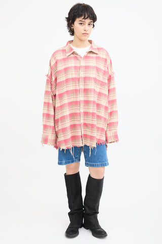 R13 Pink & Beige Plaid Shredded Seam Shirt