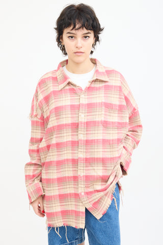 R13 Pink & Beige Plaid Shredded Seam Shirt