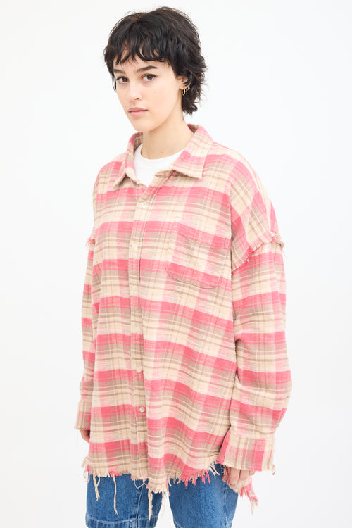 R13 Pink & Beige Plaid Shredded Seam Shirt