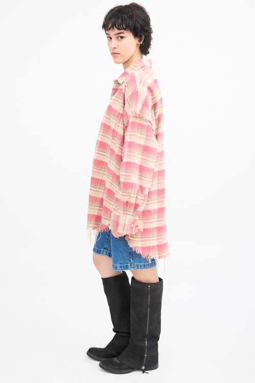 R13 Pink & Beige Plaid Shredded Seam Shirt