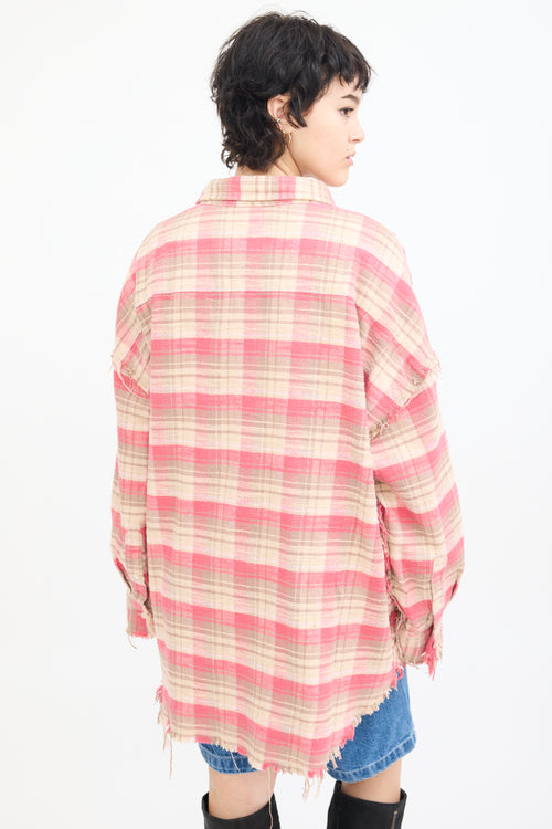 R13 Pink & Beige Plaid Shredded Seam Shirt