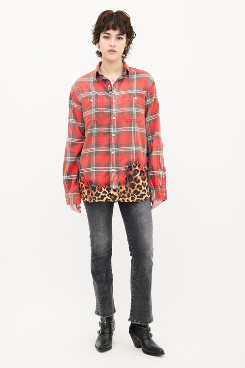 R13 Red & Brown Plaid Tattered Hem Shirt