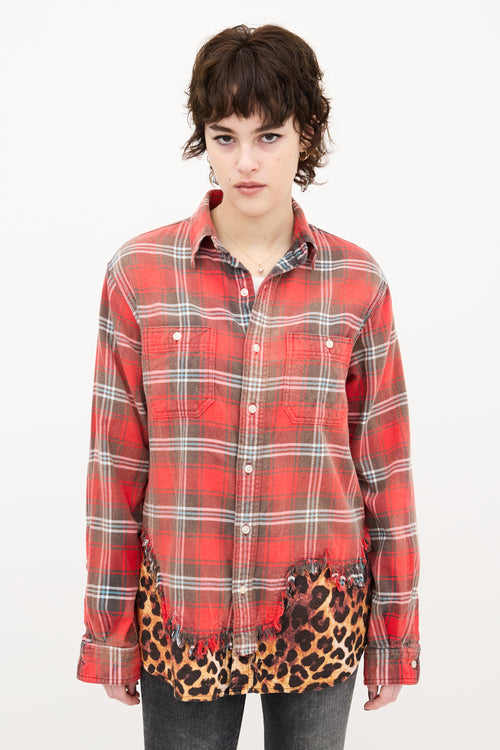 R13 Red & Brown Plaid Tattered Hem Shirt