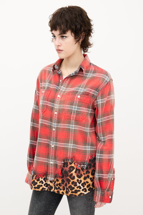 R13 Red & Brown Plaid Tattered Hem Shirt