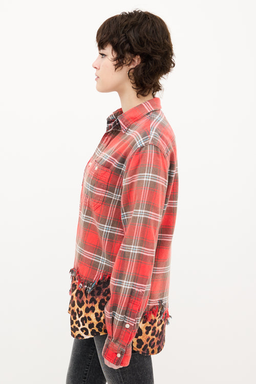 R13 Red & Brown Plaid Tattered Hem Shirt