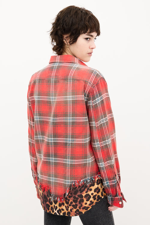 R13 Red & Brown Plaid Tattered Hem Shirt