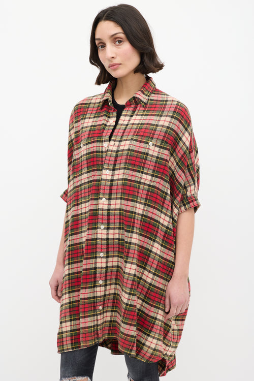 R13 Red & Multi Plaid Oversized Boxy Shirt Dress