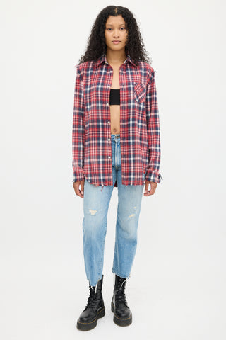 R13 Red & Multicolour Plaid Shredded Seam Shirt