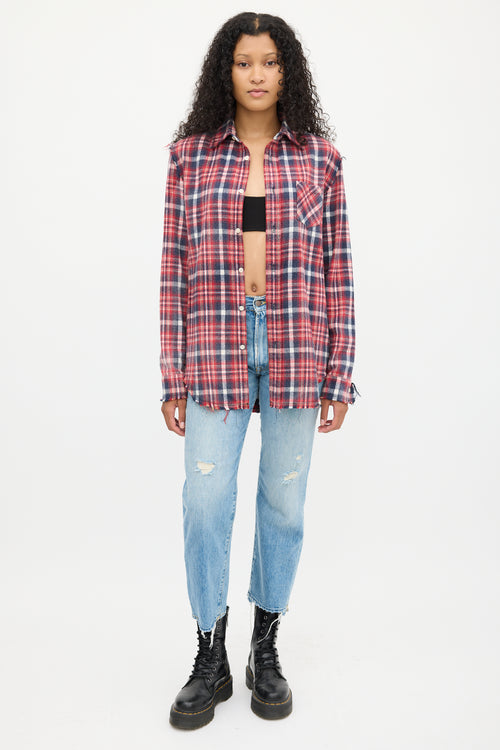 R13 Red & Multicolour Plaid Shredded Seam Shirt