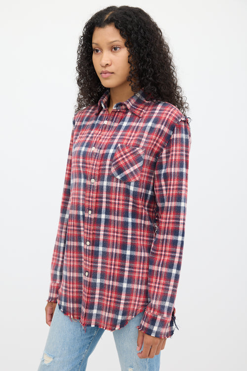 R13 Red & Multicolour Plaid Shredded Seam Shirt