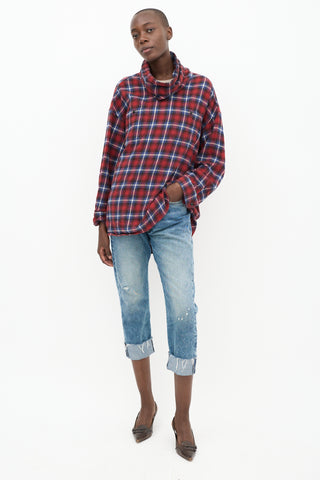 R13 Red & Blue Plaid Turtleneck Top