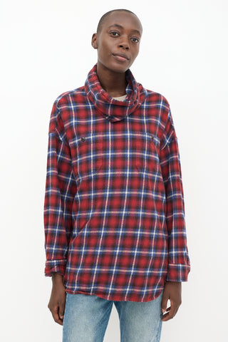 R13 Red & Blue Plaid Turtleneck Top