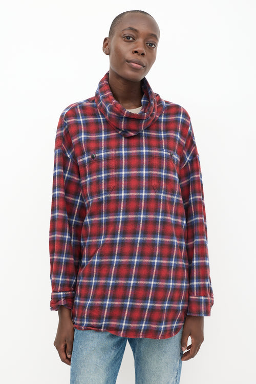 R13 Red & Blue Plaid Turtleneck Top