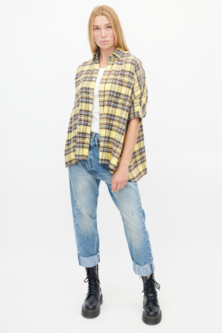 R13 Yellow & Brown Oversized Flannel Button Up