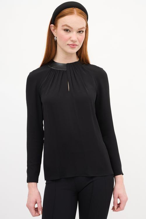 Ralph Lauren Black Silk & Leather Gathered Blouse