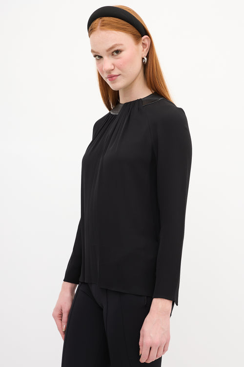 Ralph Lauren Black Silk & Leather Gathered Blouse