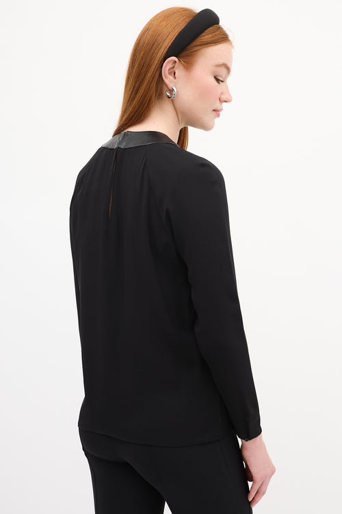 Ralph Lauren Black Silk & Leather Gathered Blouse