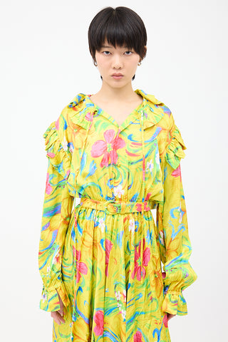 Balenciaga Yellow & Multicolour Floral Crinkled Dress