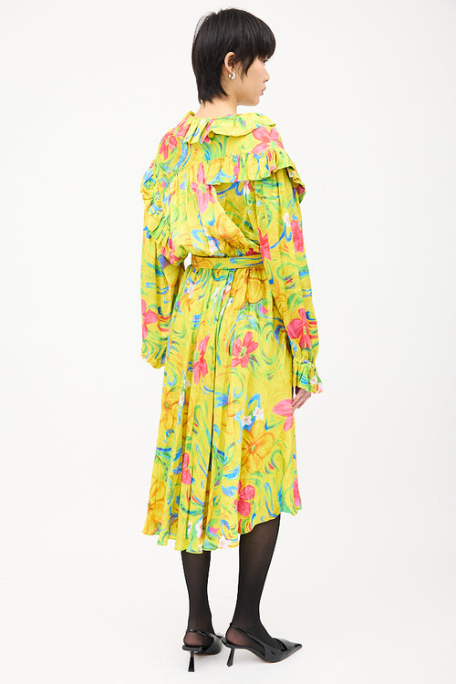 Balenciaga Yellow & Multicolour Floral Crinkled Dress