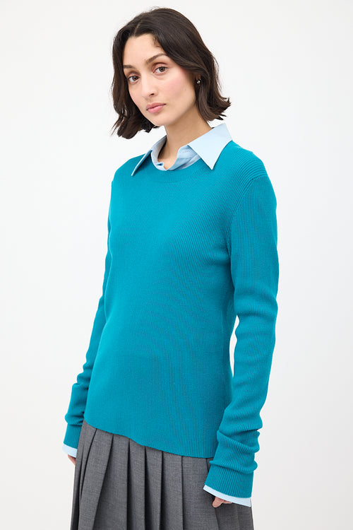 Bottega Veneta Teal Wool Ribbed Crewneck Sweater