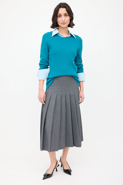 Bottega Veneta Teal Wool Ribbed Crewneck Sweater