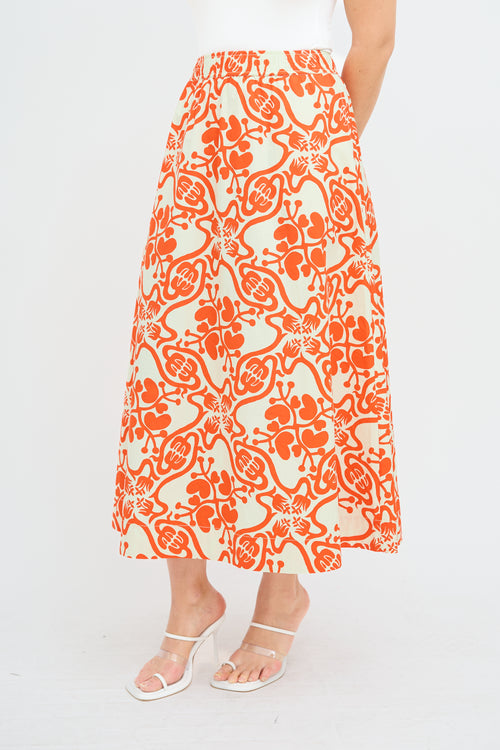 Rodebjer Cream & Orange Printed Midi Skirt