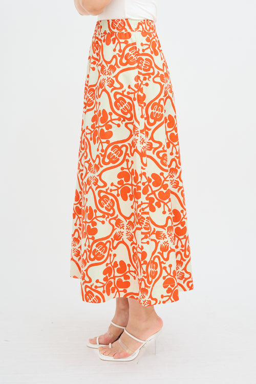 Rodebjer Cream & Orange Printed Midi Skirt