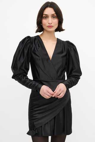 Rotate Black Satin Puff Sleeve V-Neck Mini Dress