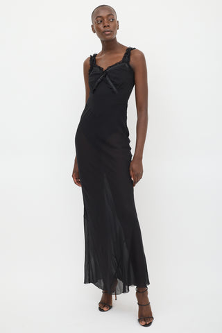 RTA Black Silk Sheer Ruffled Maxi  Dress