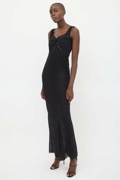 RTA Black Silk Sheer Ruffled Maxi  Dress