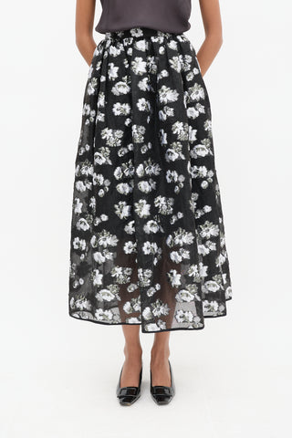 Rachel Comey Black & Grey Silk Floral A-Line Skirt