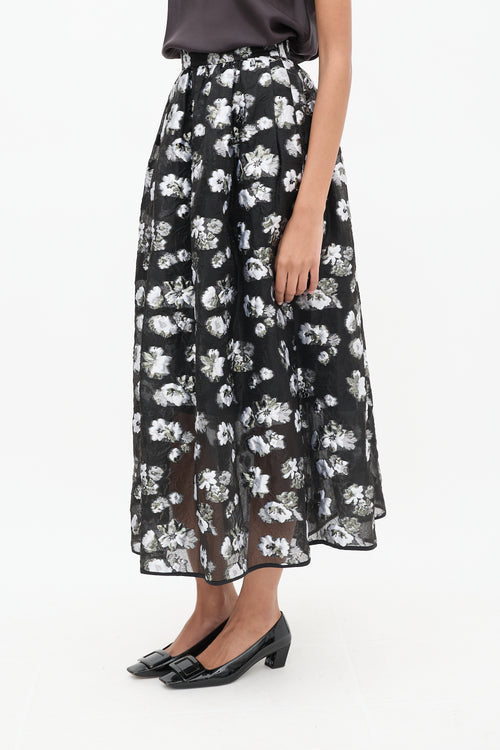 Rachel Comey Black & Grey Silk Floral A-Line Skirt