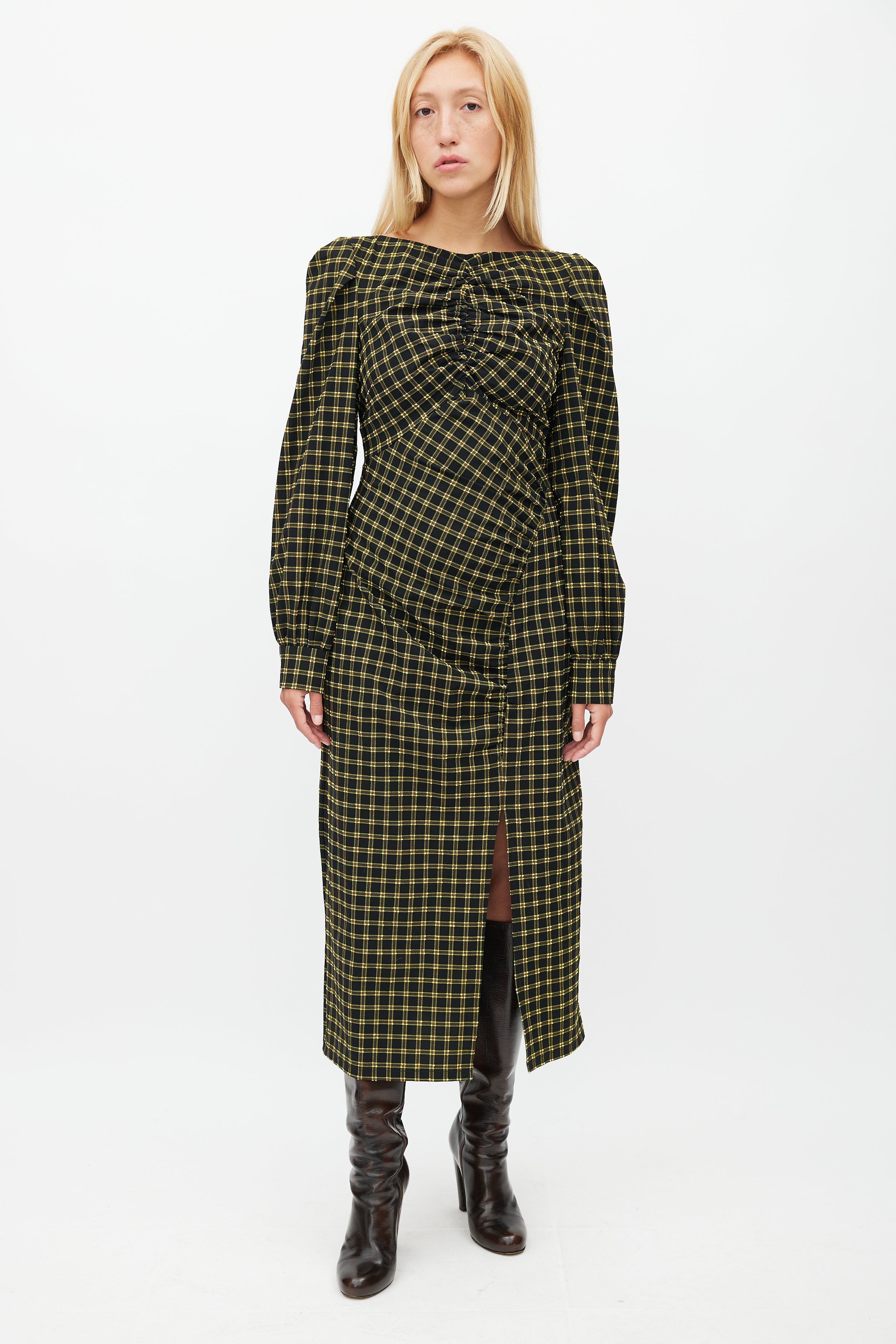 Rachel Comey // Black & Yellow Plaid Ruched Dress VSP Consignment Rachel Comey // Black & Yellow Plaid Ruched Dress VSP Consignment