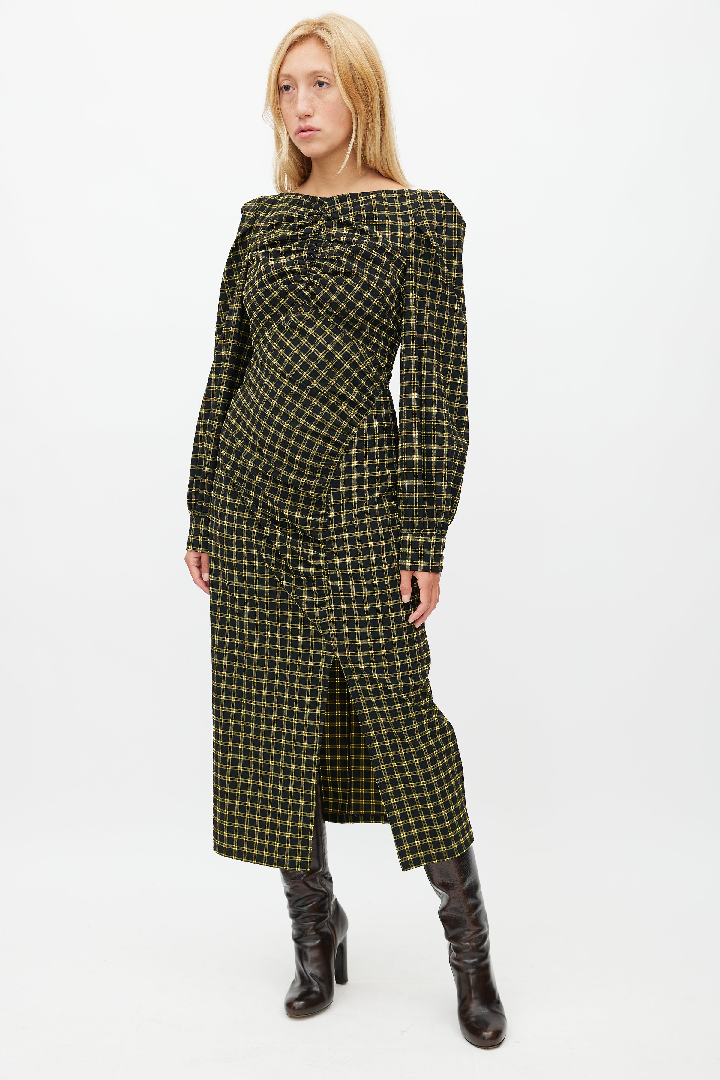 Rachel Comey // Black & Yellow Plaid Ruched Dress VSP Consignment Rachel Comey // Black & Yellow Plaid Ruched Dress VSP Consignment