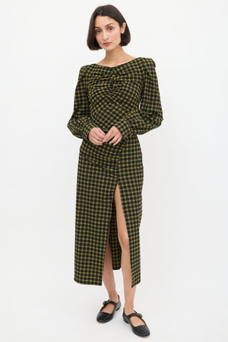 Rachel Comey Black & Yellow Seersucker Check Ruched Dress