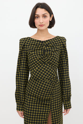 Rachel Comey Black & Yellow Seersucker Check Ruched Dress