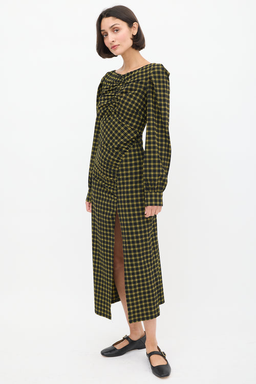 Rachel Comey Black & Yellow Seersucker Check Ruched Dress