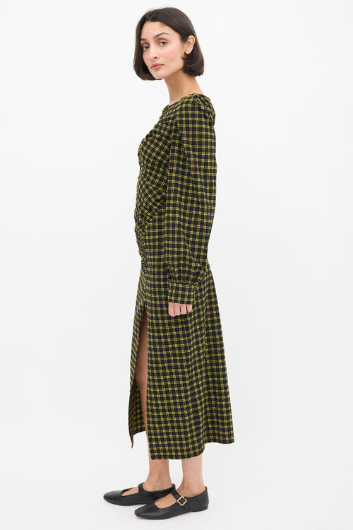 Rachel Comey Black & Yellow Seersucker Check Ruched Dress