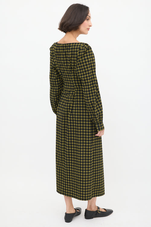 Rachel Comey Black & Yellow Seersucker Check Ruched Dress