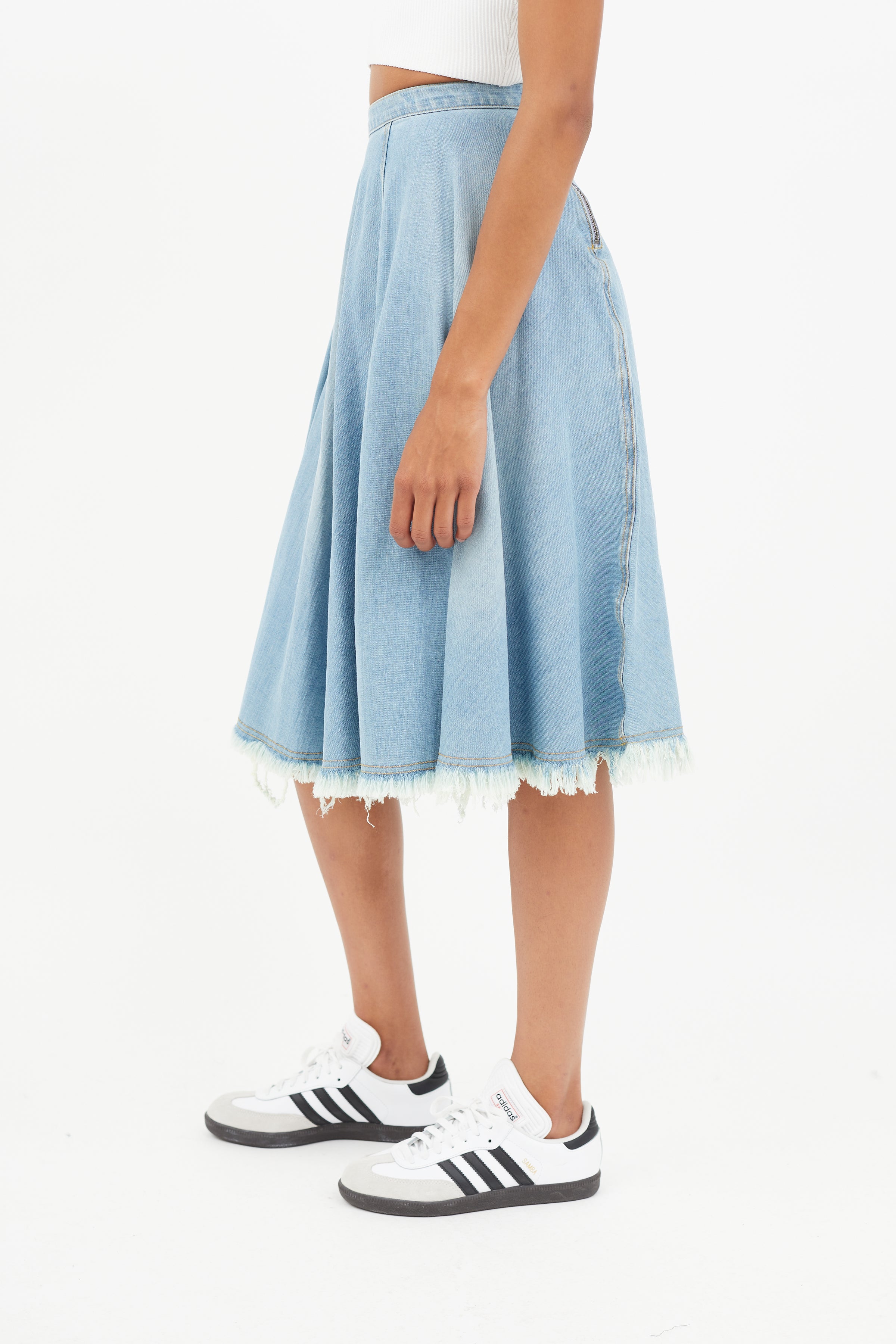 Asymmetrical Frayed Hem Distressed Denim Skirt for Women Knee Length –  Anna-Kaci